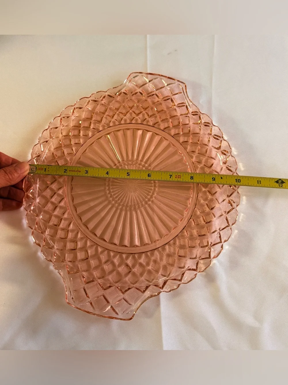 Vintage Anchor Hocking pink depression waffle cake plate w/handles